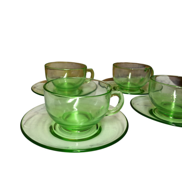 Vintage Uranium depression vaseline glass 4 sets teacups & plates UV glowing lot - Picture 8 of 10